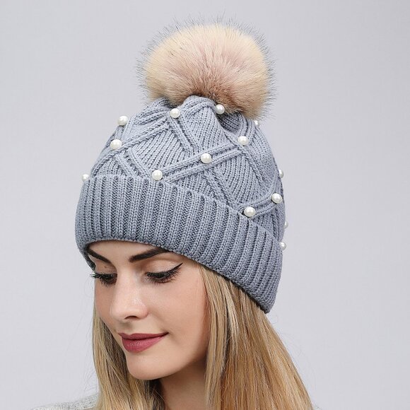2/$30 Grey Stylish Knit Beanie with Faux Fur Pom-Pom & Pearl Embellishments - Picture 1 of 5
